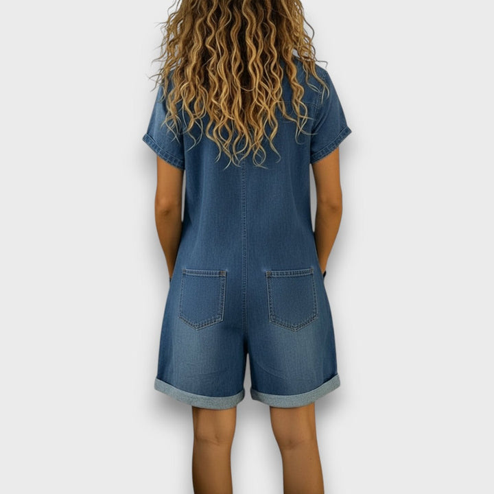 Cátia - Korte vintage jumpsuit van katoen met denimlook