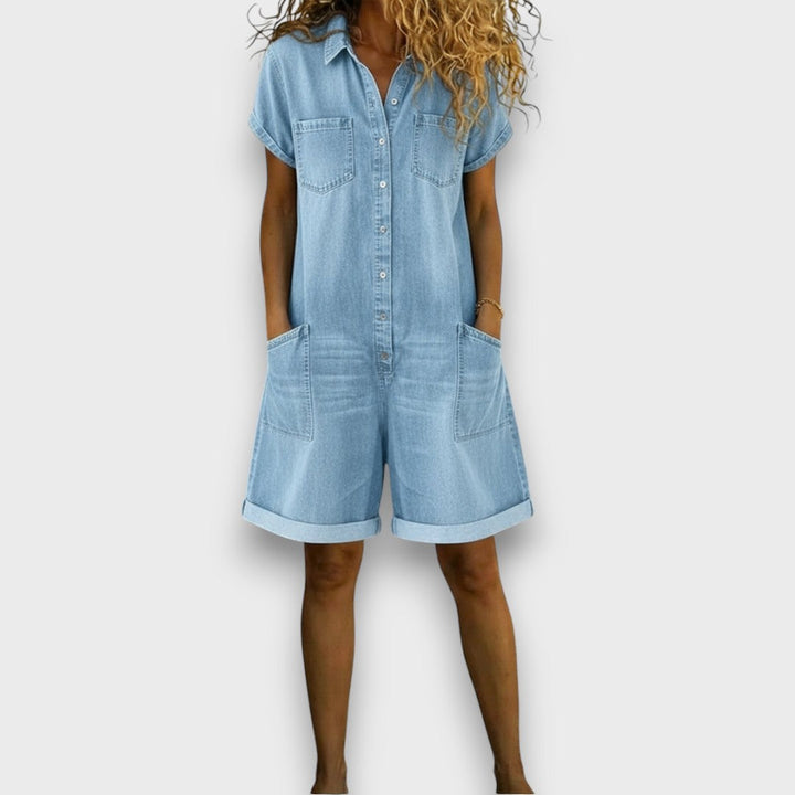 Cátia - Korte vintage jumpsuit van katoen met denimlook