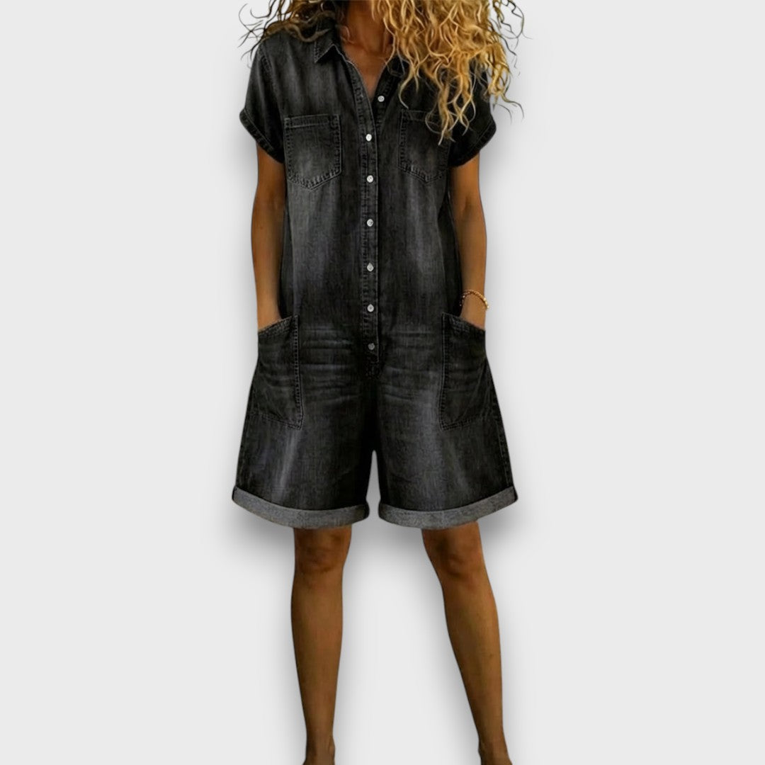 Cátia - Korte vintage jumpsuit van katoen met denimlook