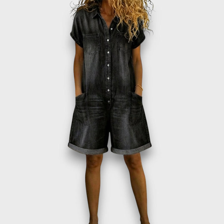 Cátia - Korte vintage jumpsuit van katoen met denimlook