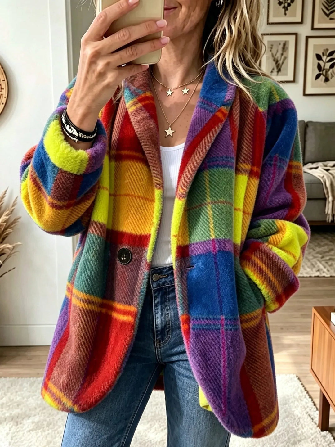 Rhonwen | Geruite lange cardigan-blazer met knopen voor dames