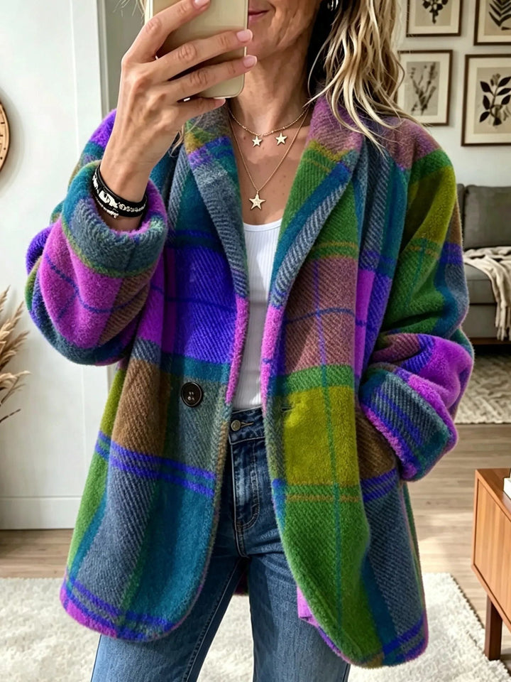 Rhonwen | Geruite lange cardigan-blazer met knopen voor dames