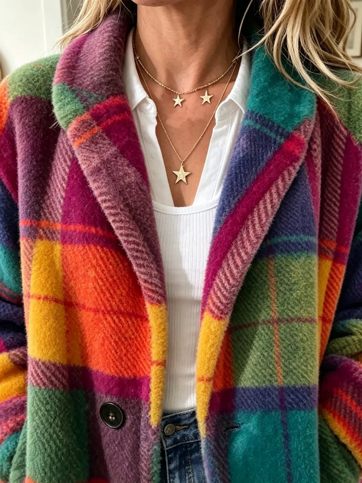 Rhonwen | Geruite lange cardigan-blazer met knopen voor dames