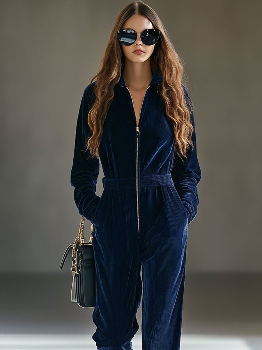 Sarafina | Losse ribfluwelen jumpsuit met rits voor dames