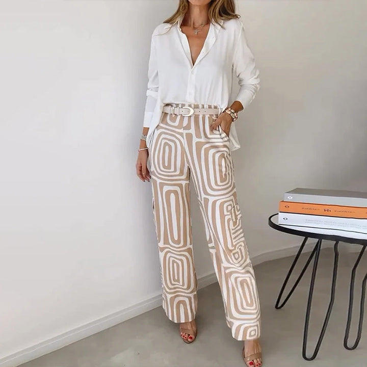 Radegonde | Set met witte blouse en wijde broek met geometrisch motief voor dames