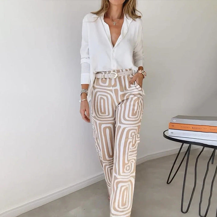 Radegonde | Set met witte blouse en wijde broek met geometrisch motief voor dames