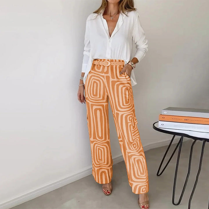 Radegonde | Set met witte blouse en wijde broek met geometrisch motief voor dames