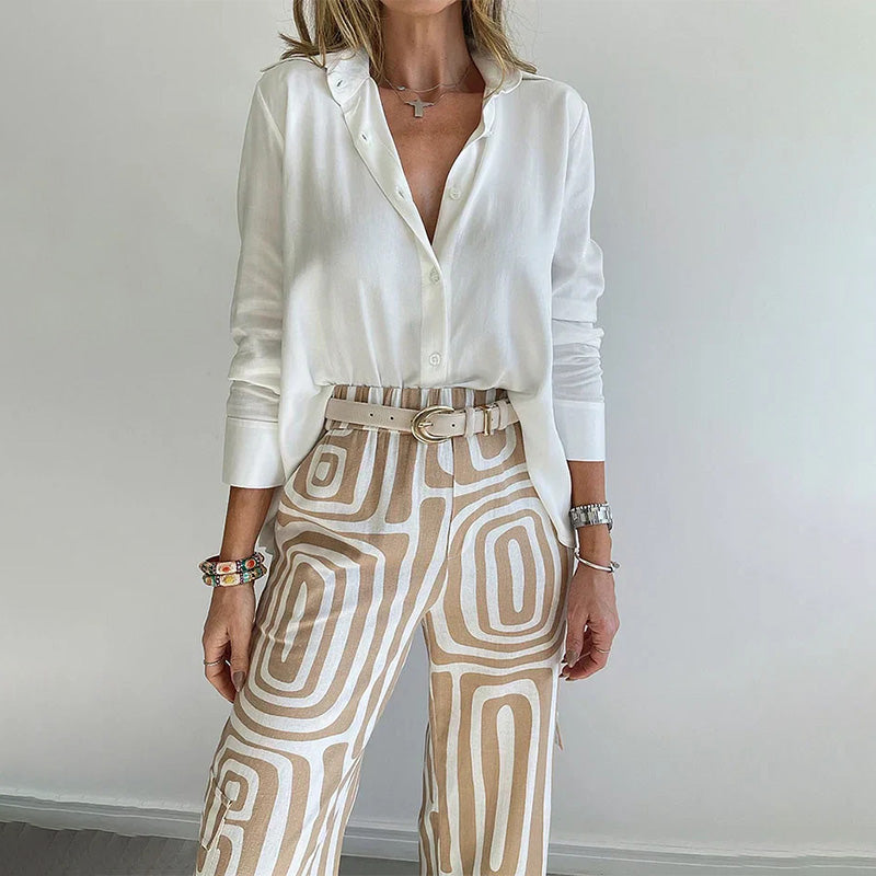 Radegonde | Set met witte blouse en wijde broek met geometrisch motief voor dames