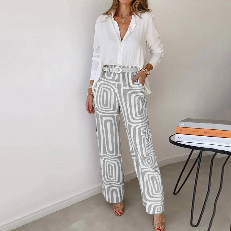 Radegonde | Set met witte blouse en wijde broek met geometrisch motief voor dames