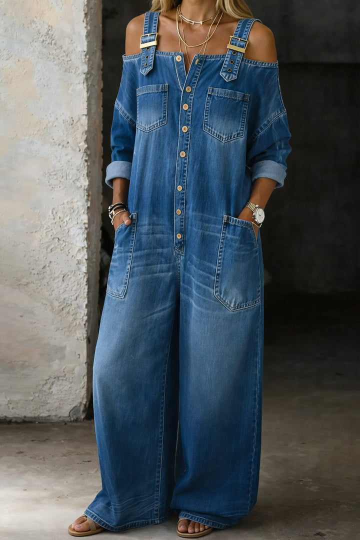 Surya | Losse jeansjumpsuit met wijde pijpen en cold-shoulder voor dames