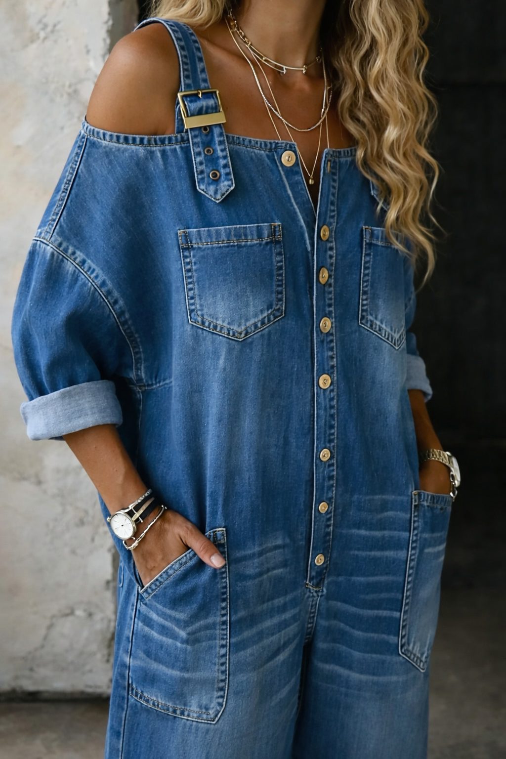 Surya | Losse jeansjumpsuit met wijde pijpen en cold-shoulder voor dames