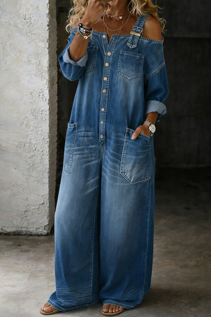Surya | Losse jeansjumpsuit met wijde pijpen en cold-shoulder voor dames