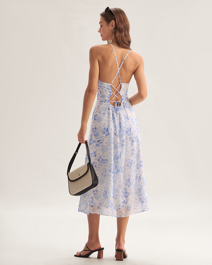 Clarice - Midi Jurk Blauw Bloemig