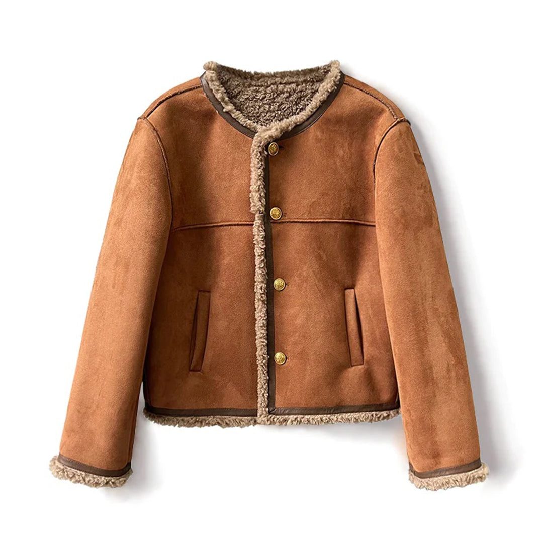 Yvonne | Gevoerde suède jas met kraag in imitatiebont voor dames