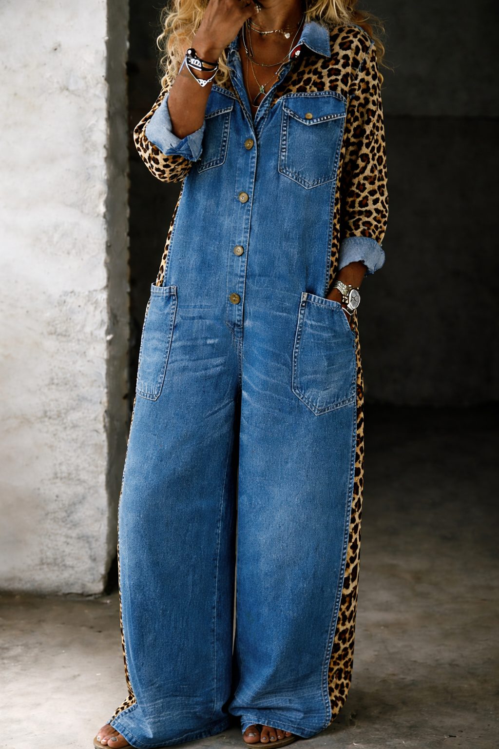 Zara | Jeansjumpsuit met luipaardmouwen en lange mouwen voor dames